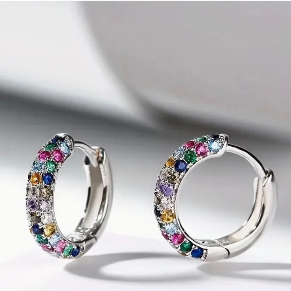 Silver Plated Mini Hoop Earrings Sparkling colorful Zircon Gem - Picture 7 of 10